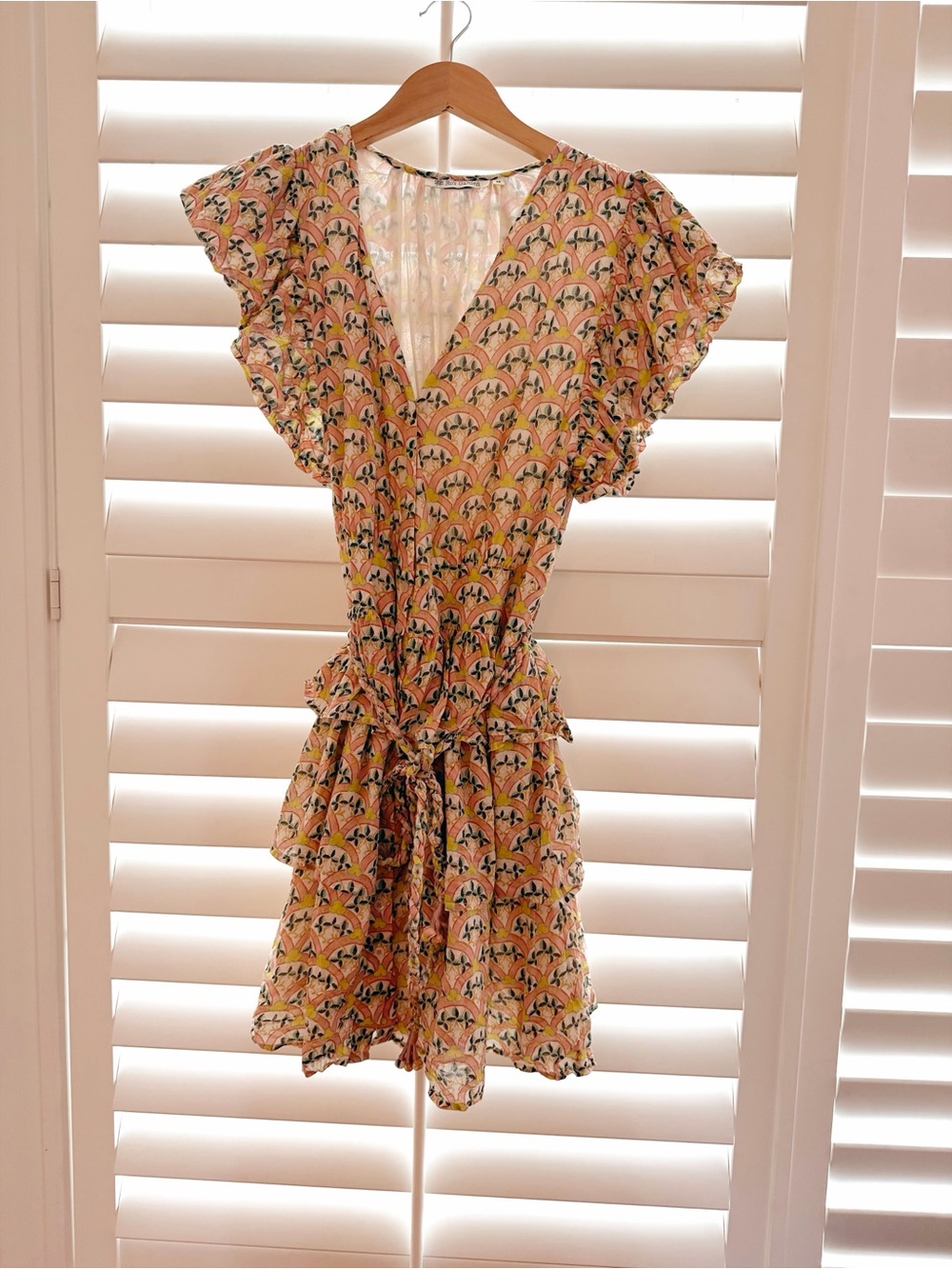 Yellow Floral V-Neck Ruffle Tie-Waist Mini Dress